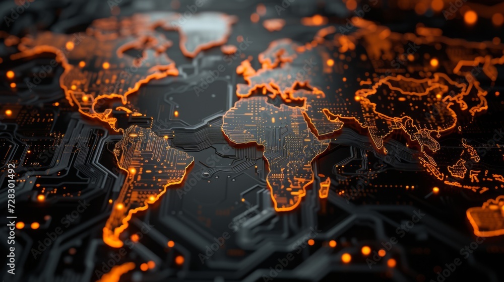 Poster digital world map of the world with lines and orange dots