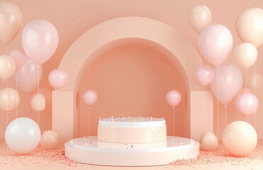 podium with arch background, peach pastel colors