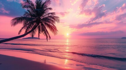 Captivating sunset at a tropical beach with palm trees and a pink sky, perfect for travel and vacation during holiday relaxation.