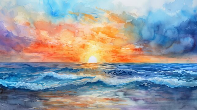 Breathtaking sunset above the ocean captured in a watercolor painting on canvas, showcasing a serene sea landscape