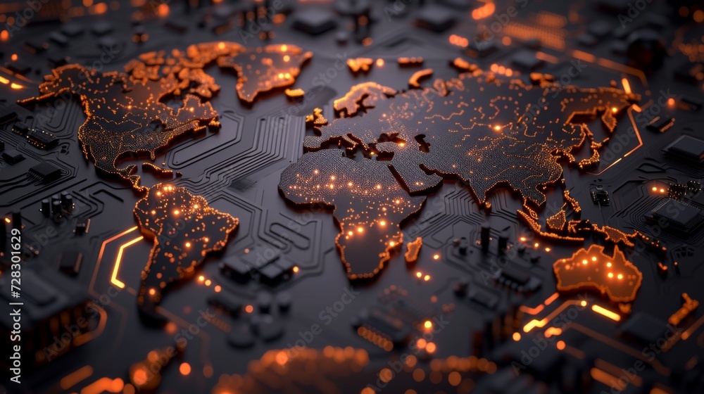 Poster digital world map of the world with lines and orange dots