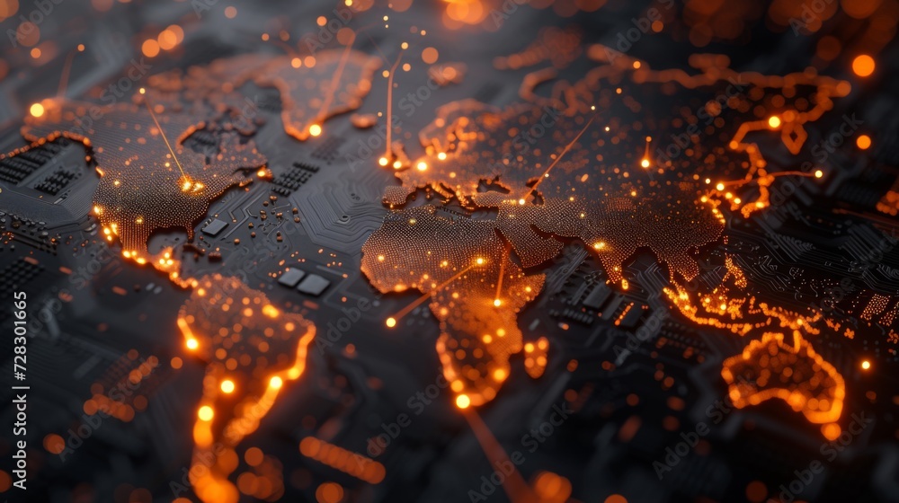 Poster digital world map of the world with lines and orange dots