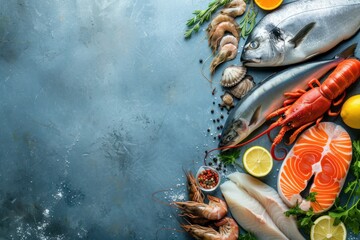 Top view of various kinds of fresh fish and seafood 