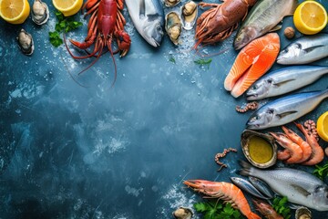 Top view of various kinds of fresh fish and seafood 