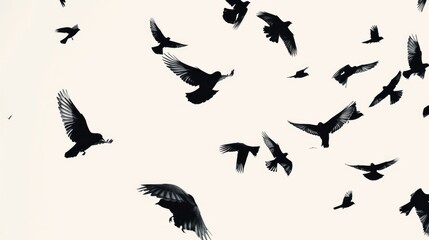 Obraz premium Silhouettes of birds flying in the sky, set against a white background.