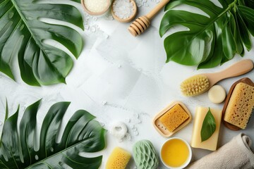 Top view of various natural skin a body care products such as a bath sponge, a brush, handmade soaps, honey, a pumice stone, salt, a and towel.  - obrazy, fototapety, plakaty