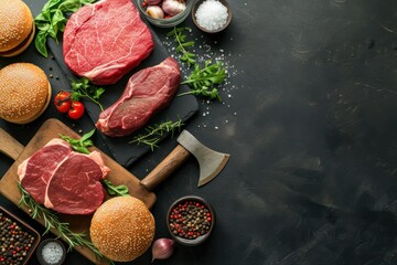 Top view of various kinds of raw meat such as a beef steak, a roast beef and burgers on a black background. 
