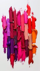 Artistic display of various lipstick smears in a range of red and pink hues creating a vibrant abstract background.