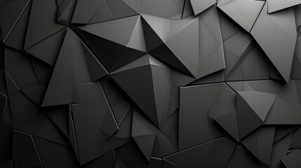 Monochromatic abstract background in black, white, and dark gray. Geometric pattern with shapes like lines, triangles, and polygons. Gradient elements, shadows, matte finish, and a 3D effect