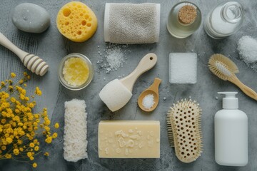 Fototapeta na wymiar Top view of various skin a body care products such as a bath sponge, a brush, handmade soaps, honey, a pumice stone, salt, a towel, and a white bottle. 