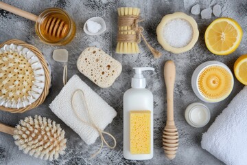 Fototapeta na wymiar Top view of various skin a body care products such as a bath sponge, a brush, handmade soaps, honey, a pumice stone, salt, a towel, and a white bottle. 
