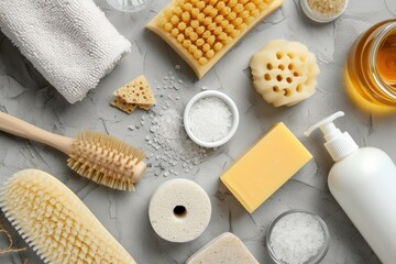 Top view of various skin a body care products such as a bath sponge, a brush, handmade soaps, honey, a pumice stone, salt, a towel, and a white bottle.  - obrazy, fototapety, plakaty