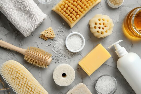 Top view of various skin a body care products such as a bath sponge, a brush, handmade soaps, honey, a pumice stone, salt, a towel, and a white bottle. 