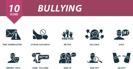 Bullying icons set. Creative icons: threatening letter, stop harassment, metoo, bullying, hate, impersonate, cyber bullying, gossip, identify, liberty.