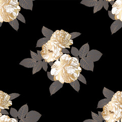 Seamless luxury pattern with white and gold roses and grey leaves on black background. Hand drawn contour lines. For design textiles, wrapping papers, wallpapers. 