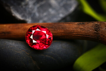 Ruby Ring with Diamonds on Red Background Surrounded by Ladybug and Nature Elements