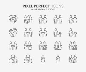 Line icons about types of family structures. Outline symbol collection. Editable vector stroke. 64x64 Pixel Perfect.