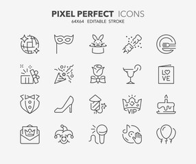 Line icons about party. Outline symbol collection. Editable vector stroke. 64x64 Pixel Perfect. - obrazy, fototapety, plakaty