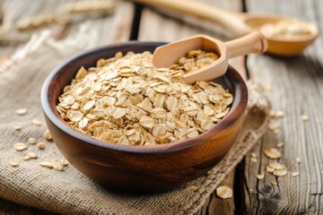 breakfast bowl full of oat flakes with a wooden spoon on wooden table 