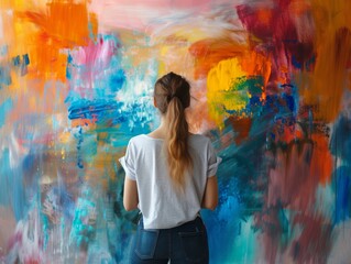 woman sitting and painting on wall