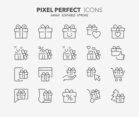 Line icons about gift boxes and presents. Outline symbol collection. Editable vector stroke. 64x64 Pixel Perfect.