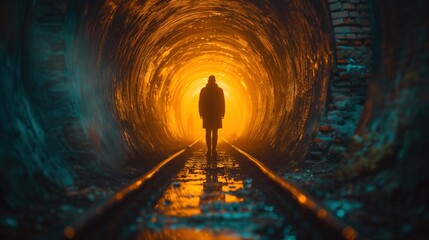 man walking through a dark tunnel