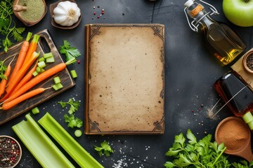 Cookbook with copy space surrounded by raw vegetables and seasoning spices on dark kitchen table.  - obrazy, fototapety, plakaty