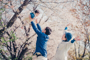 桜と高い高いされる赤ちゃんと家族