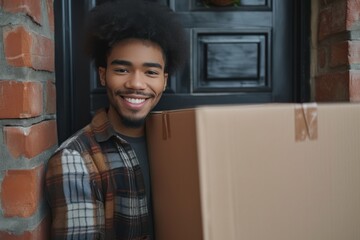 Front view of a cheerful multiracial young man at the doorway picking up a home delivered cardboard box. 