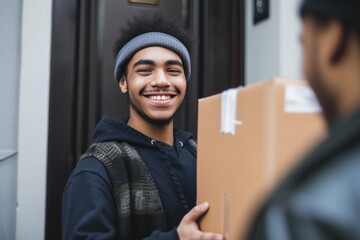 Front view of a cheerful multiracial young man at the doorway receiving a cardboard box from a courier worker. 