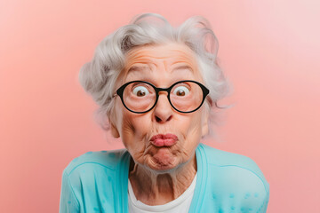 Senior woman making funny face on pastel background.
