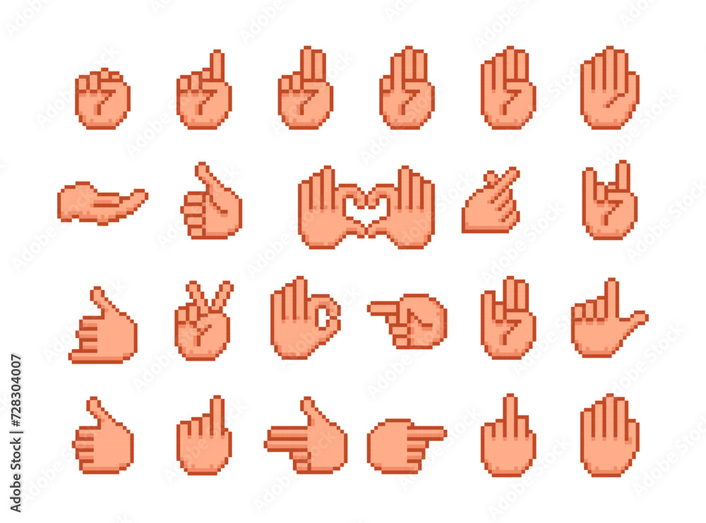 Poster pixel hands gestures icons set. 8 bit pixel art hand.