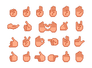 Pixel hands gestures icons set. 8 bit pixel art hand. - obrazy, fototapety, plakaty