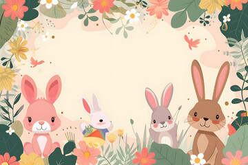Fototapeta premium Cute cartoon bunny rabbit frame border on background for kids.