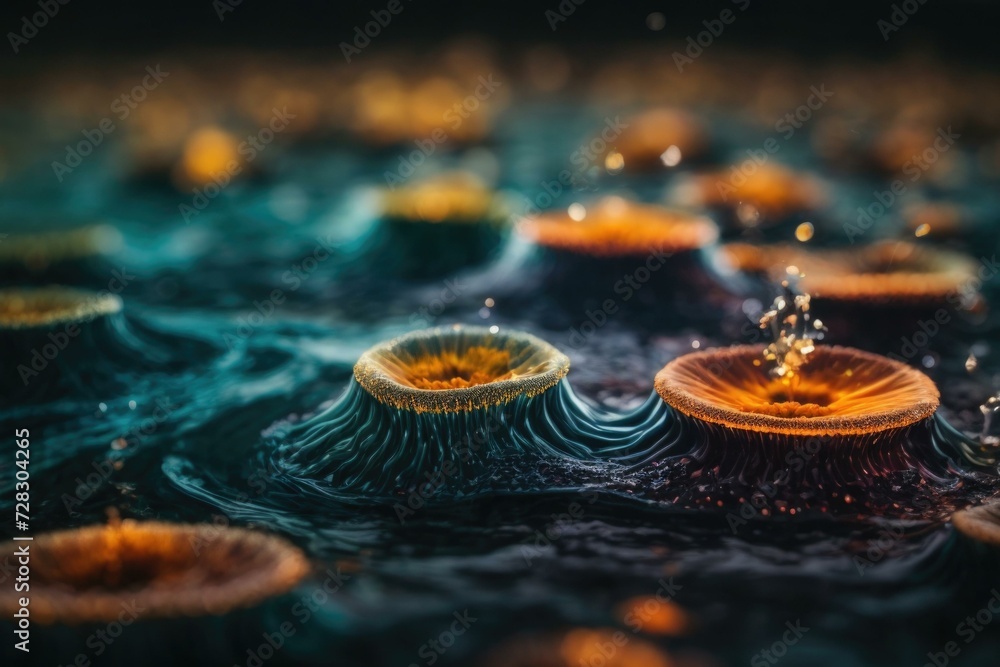 Poster a close up of microscopic objects in water. generative ai.