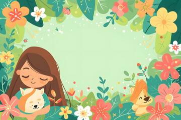 Cute cartoon little girl and dog in the garden frame border on background in flat style.