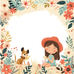 Obraz na płótnie Canvas Cute cartoon little girl and dog in the garden frame border on background in flat style.