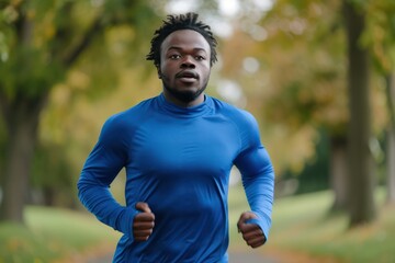 Scene 4: Front view of a multiracial young man running at the park enjoying his new cobalt blue long sleeve top.  - obrazy, fototapety, plakaty