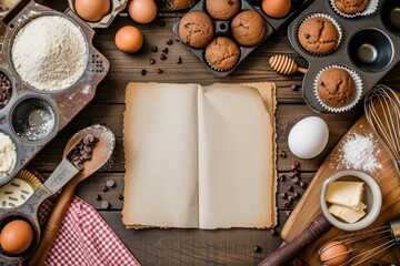 Top view of a blank cookbook surrounded by muffins, ingredients and utensils to cook like flour, eggs, butter, chocolate chips, sugar, muffin tin