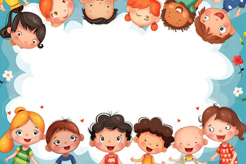 Cute cartoon of children frame border on background in flat style.