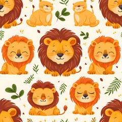 Cute lion cartoon seamless pattern on background.