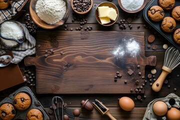 Fototapeta na wymiar Top view of a dark brown wooden cutting board surrounded by muffins, ingredients and utensils to cook 