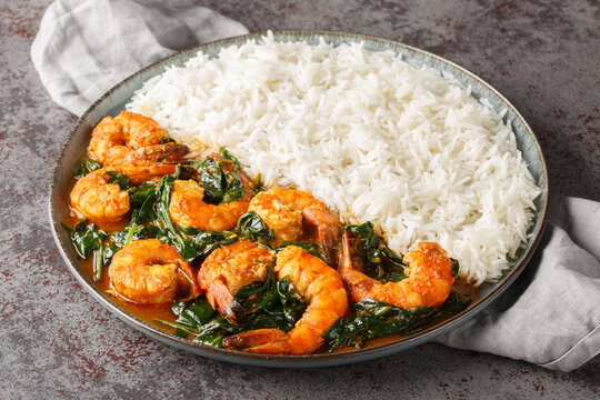 Palak Prawn made of spinach, cream, spices, tomato and ginger served with rice closeup on the plate on the table. Horizontal