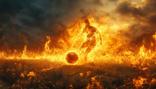 Soccer Player Engulfed in Flames: Energy, Dynamics, Power, Speed, Water, Fire, Particles