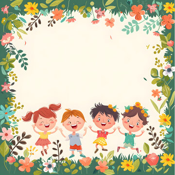 Cute cartoon of children frame border on background in flat style.