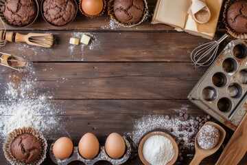 Top view of a frame made by muffins, ingredients and utensils to cook like flour, eggs, butter,...