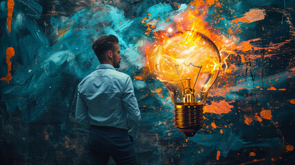 A man stands in front of a graffiti light bulb idea on the wall. Convey the idea. Creativity and...