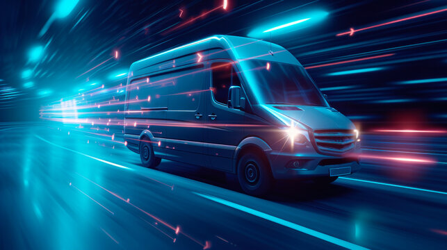 Delivery van. Efficiency, speed, and reliability in transportation and logistics. Delivering goods and services. E-commerce, retail, or other industries on distribution networks.
