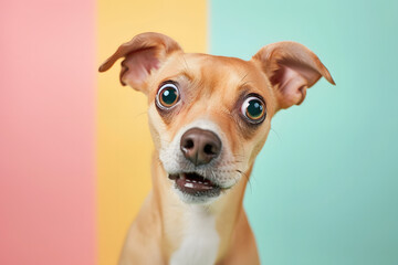 Cute dog making funny face on pastel background.