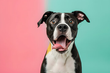 Cute dog making funny face on pastel background. - obrazy, fototapety, plakaty